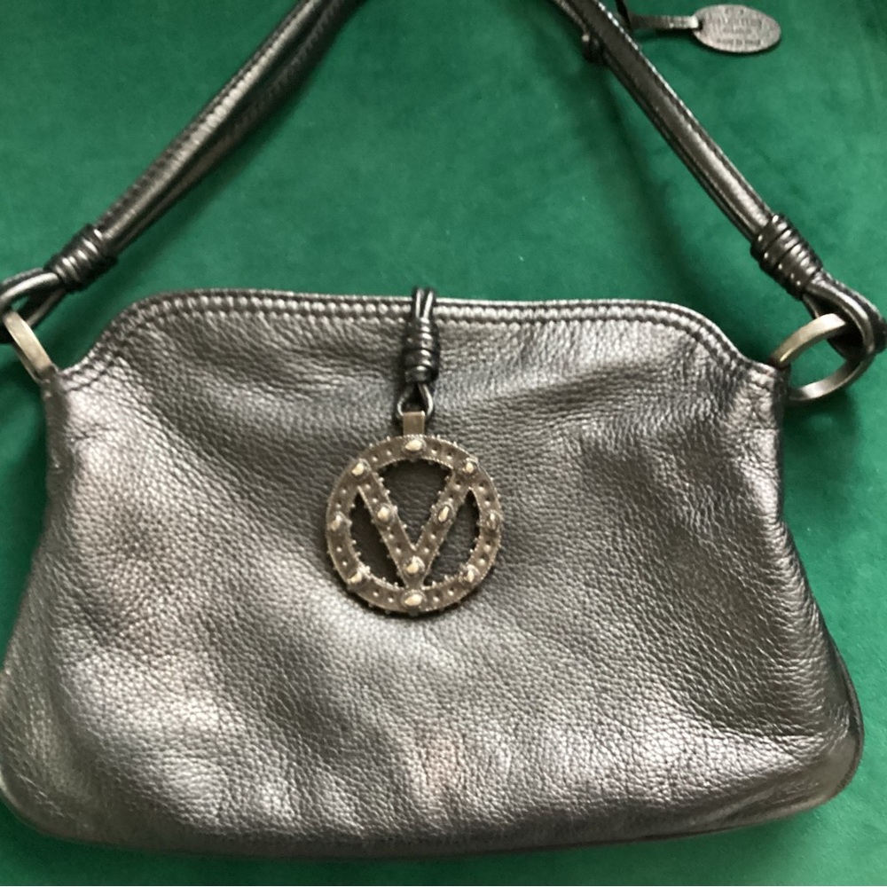 Valentino Garavani V Logo Black Leather Shoulder Bag with Metal Charm